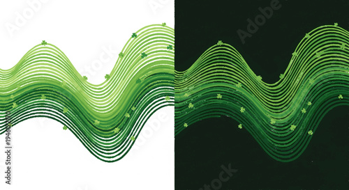 Green waveform graphic illustration with gradient lines on white and dark backgrounds