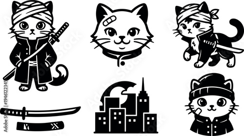 Black and white vector art ninja cat character with sword standing and headshot with bandage and urban cityscape skyline
