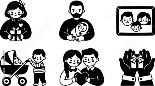 Black and white flat design family scenes holding heart gift baby stroller and photo frame icons with simple minimal style