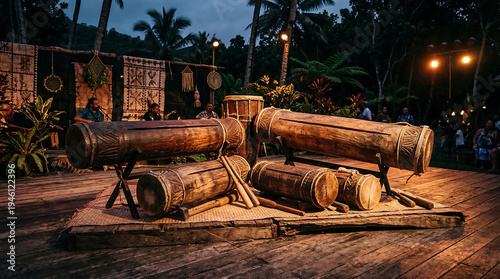 Collection of Traditional Samoan Pate Drums on Display Outdoors Amidst Tropical Evening Ambiance