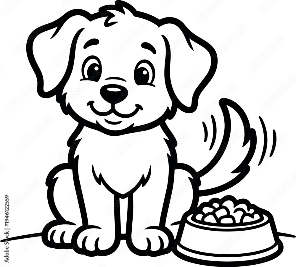 Fototapeta premium Happy sitting dog wagging tail next to full food bowl smiling face black and white line art vector illustration