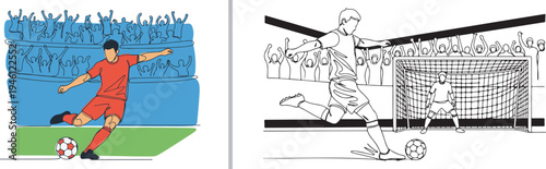 Two-panel vector illustration showing a soccer player in a red jersey kicking a ball and a line art version of a striker taking a shot at a goal with a goalkeeper and cheering crowd.