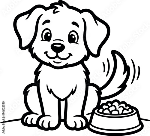 Happy sitting dog wagging tail next to full food bowl smiling face black and white line art vector illustration