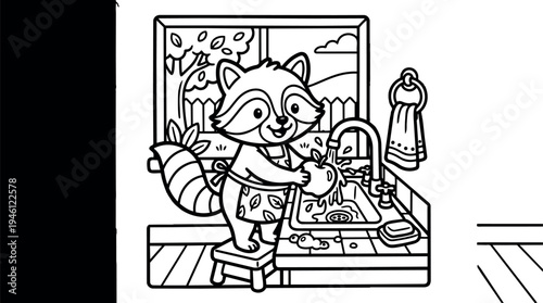 Cute raccoon character washing apple standing on stool by kitchen sink with window view outdoors black and white vector line art
