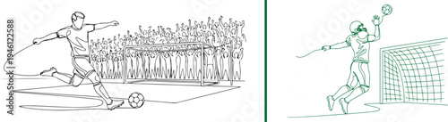 Green line art vectors of soccer. One shows a player preparing a powerful kick before a crowd; the other features a goalie jumping to save a ball near the net. Clean, minimalist design.