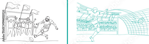 Two-panel line art vector showing an American football kicker mid-action and a player scoring a touchdown in a packed stadium with cheering fans and waving flags.
