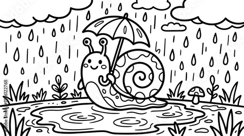 Cute smiling snail holding umbrella during heavy rain with puddle and grass under dark cloudy sky black and white vector art