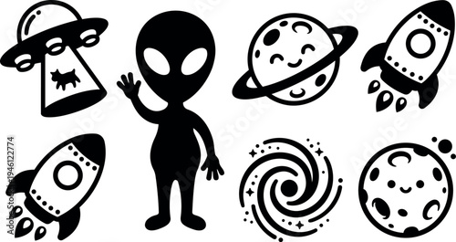 Cute black silhouette alien waving hand with smiling planet rockets ufo abducting cat and spiral galaxy vector art icons