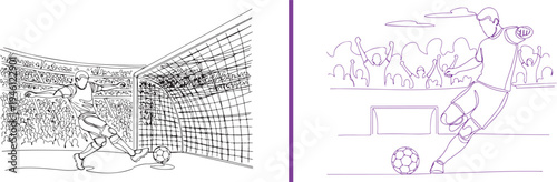 Purple line art vector of soccer players in action: one scoring into a net before a cheering crowd, and another taking a powerful shot on goal. Minimalist, continuous line style.