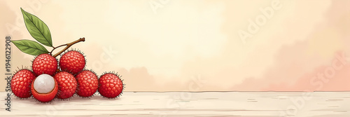 Ultra wide illustration of a pile of fresh lychees arranged on the right side with soft watercolor background and large copy space, ideal for healthy food ads, menus, and header banners