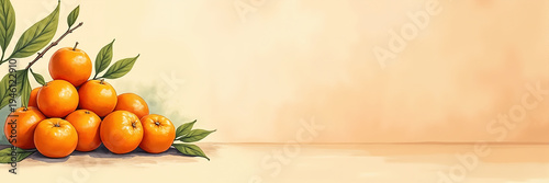Ultra wide illustration of a pile of fresh oranges arranged on the left side with soft watercolor background and large copy space, ideal for healthy food ads, menus, and header banners