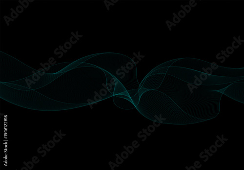 Abstract turquoise wave of thin mesh lines creating a dynamic digital flow on a black background. Eps 10