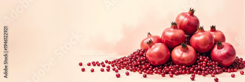 Ultra wide illustration of a pile of fresh pomegranates arranged on the left side with soft watercolor background and large copy space, ideal for healthy food ads, menus, and header banners