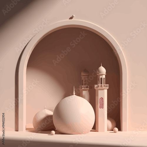 A serene architectural model of a mosque in a niche