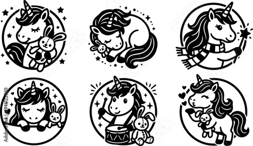 Cute black and white vector unicorns hugging and playing with stuffed bunny rabbit magical fantasy children design