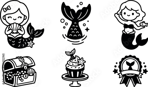 Cute black and white vector art set of smiling mermaid girl holding a shell with treasure chest cupcake and tail icons arranged for children
