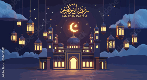 Eid mubarak islamic night scene with lanterns and crescent moon