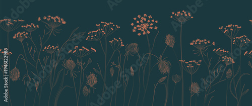 Floral art background with flowers and dried grass in coral. Botanical horizontal seamless pattern for decor, prints, wallpaper, posters, textiles, packaging, interior design, and banners.