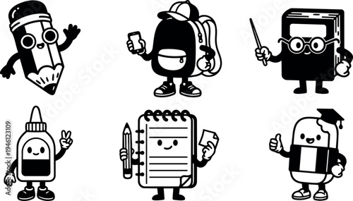 Cartoon style black and white school supplies characters smiling and posing with pencil backpack book glue and notebook