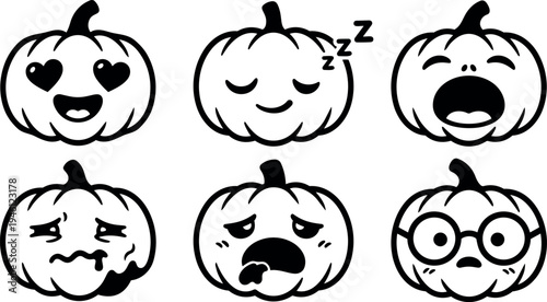 Black and white vector set of six cute pumpkin faces showing different emotions including love sleepy yawning sad sick and nerdy expressions