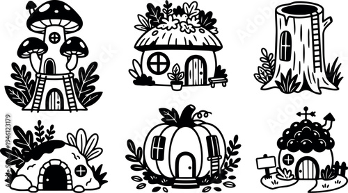 Black and white vector art of whimsical fantasy houses including mushroom pumpkin tree stump and hill homes with plants and ladders