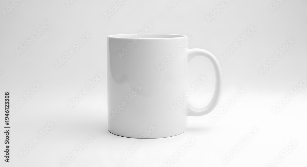 Fototapeta premium Plain white ceramic mug, handle on the right, centered on a bright, minimalist background