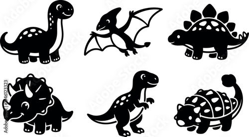 Cute black and white vector art of six smiling cartoon dinosaurs including brachiosaurus pterodactyl stegosaurus triceratops tyrannosaurus ankylosaurus playful collection