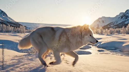 Majestic White Wolf Trotting Through Snowy Arctic Landscape at Sunrise