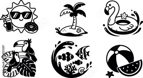 Playful summer vector set with sun wearing sunglasses holding drink and donut tropical island palm tree flamingo pool float and toucan birds with beach ball and watermelon slice