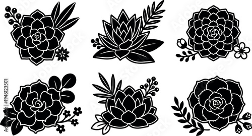 Black and white silhouette succulent flowers with leaves floral vector art icons set isolated on white background