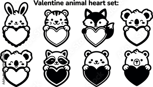 Cute valentines day animal heart set with bunny tiger fox koala raccoon panda and bear holding hearts black and white vector art
