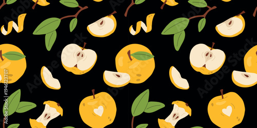 Seamless yellow apple pattern with  apples on a dark  background. Hand drawn food illustration, repeating kitchen print for textile, packaging, wallpaper, fabric and surface design.