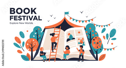 Vector illustration of book festival with people reading and exploring books