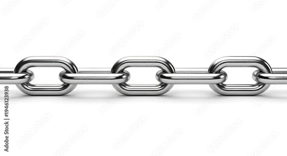 Obraz premium Shiny, metallic chain links connected in a straight line, isolated on a white background