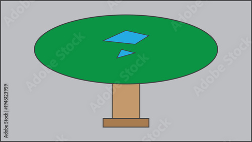 A simple illustration of a round green table with a brown base