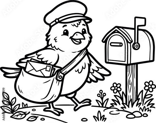 Cute smiling bird wearing mail carrier hat walking delivering letters to mailbox with flowers and leaves black and white line art style vector illustration