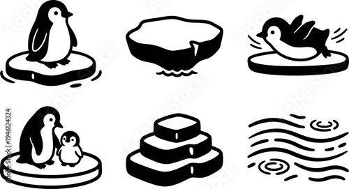 Minimalist black and white vector art of penguins swimming and standing on floating ice sheets with ocean water patterns in simple line style