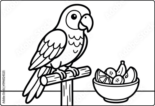 Black and white line art of a parrot sitting on a wooden perch near a bowl of fruit vector illustration