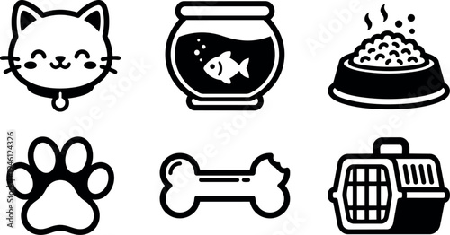 Minimalist black and white pet icons including cat head smiling fish bowl bone paw food bowl and carrier vector art set
