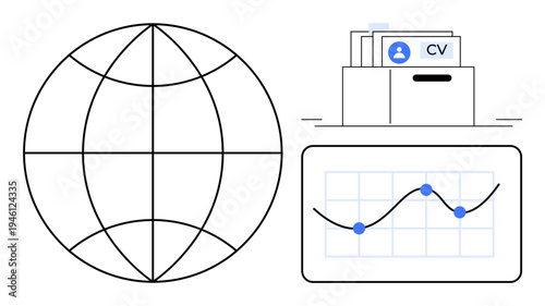 Employment trends. Global employment trends with a globe, resume database, and analytics chart. Emphasizing employment data analysis, career opportunities, and job market insights. include global