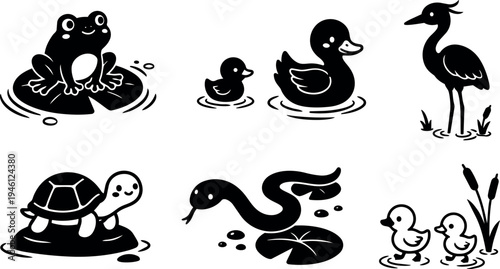 Cute black silhouette animals pond collection with frog on lily pad duck family turtle snake heron standing in water vector art
