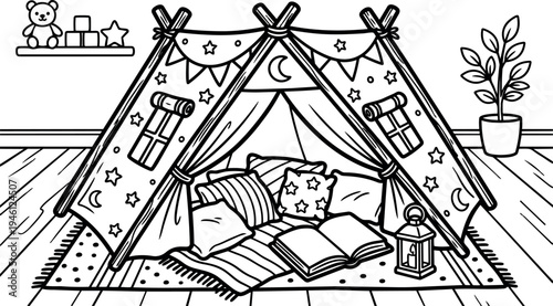 Black and white line art vector of indoor kids play tent with pillows open book lantern decorated with stars and crescent moon cozy reading corner