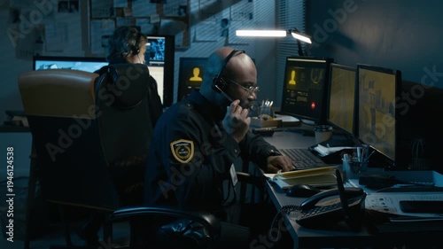 Dramatic shot of Black man working as police dispatcher and taking urgent emergency call at night reacting emotionally to connection breaking, side view