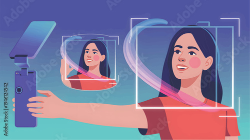 A woman taking a selfie with a smartphone on a gimbal stabilizer