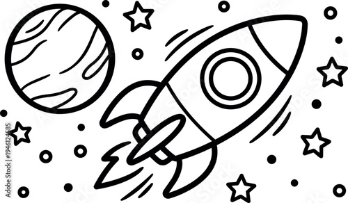 Black and white vector line art of rocket flying past planet with stars and space elements in cartoon style