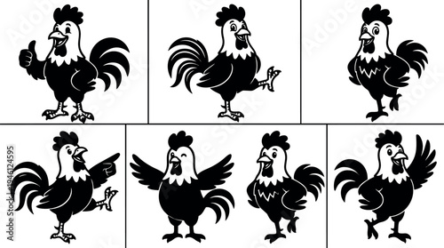 Cartoon black rooster silhouettes showing various gestures including thumbs up pointing and waving wings in flat vector style