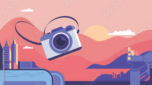 Digital image of a vintage camera floating over a stylized cityscape at sunset travel