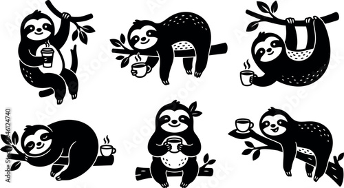 Black and white vector art of six sloths holding coffee cups in various relaxed positions on branches smiling happy cozy animals