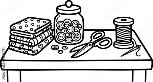 Black and white line art of sewing scissors buttons fabric and thread spool on flat surface in crafting setup