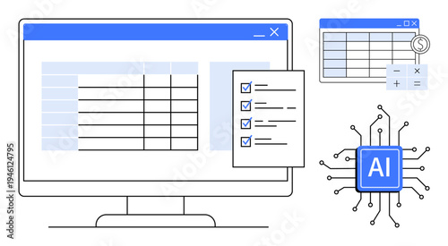 Data analysis, workflow automation, technology, productivity, software development, innovation. Computer screen with spreadsheet and checklist, AI chip. Data analysis and workflow automation